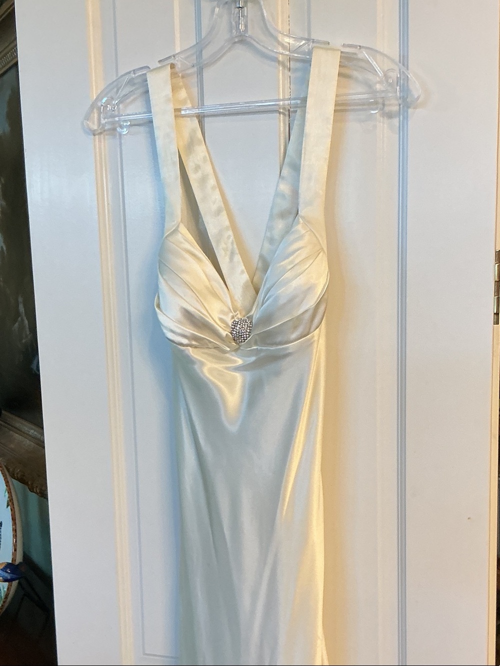 Elegant Cream Satin Maxi Dress with Rhinestone Accent